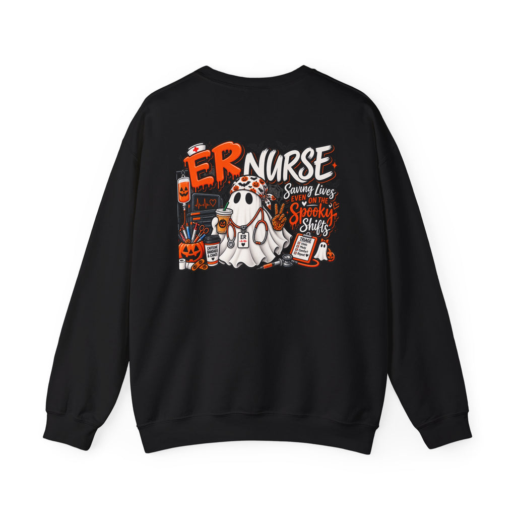 ER Nurse Halloween Sweatshirt | Spooky Shifts Emergency Room Nurse Crewneck | Front & Back Print