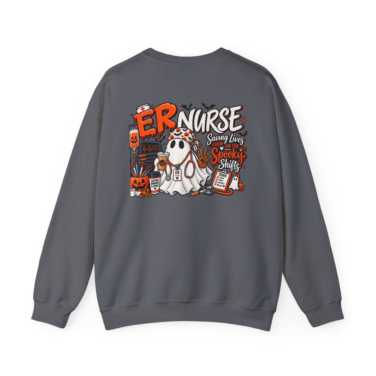ER Nurse Halloween Sweatshirt | Spooky Shifts Emergency Room Nurse Crewneck | Front & Back Print