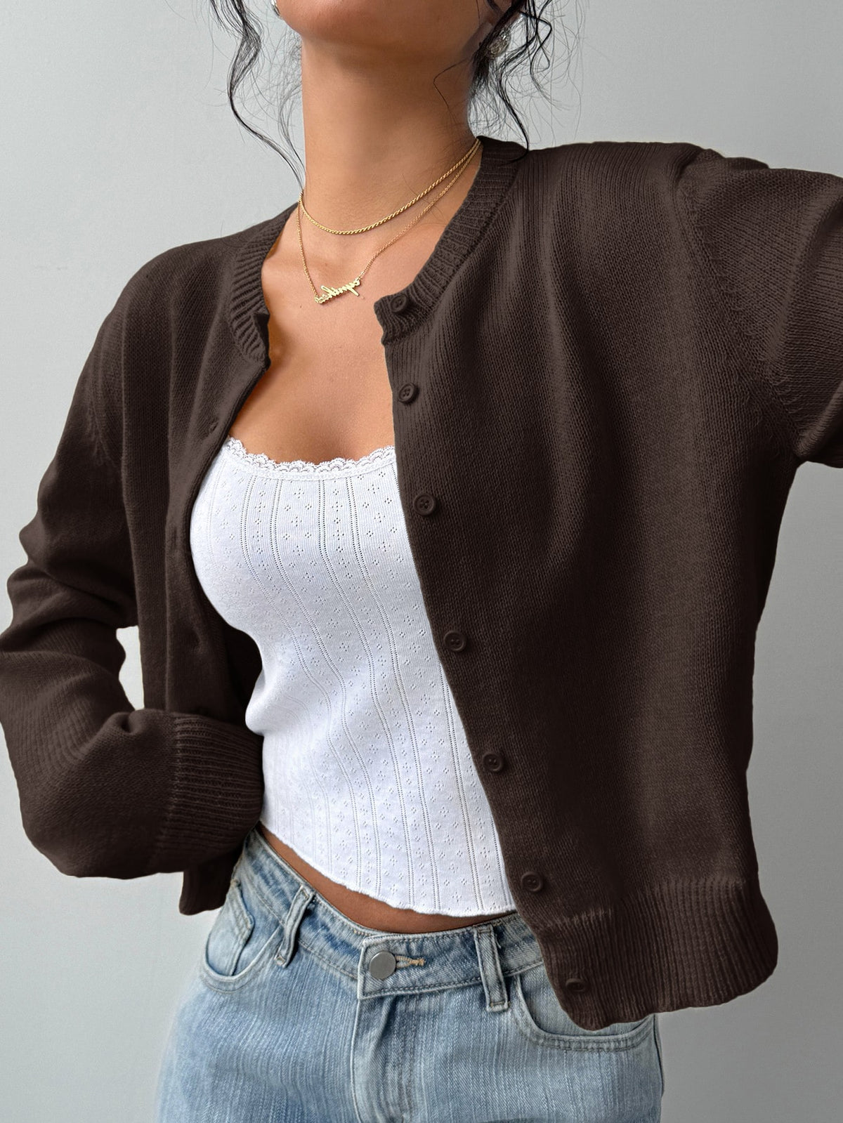 Women's Cropped Dark Brown Cardigan
