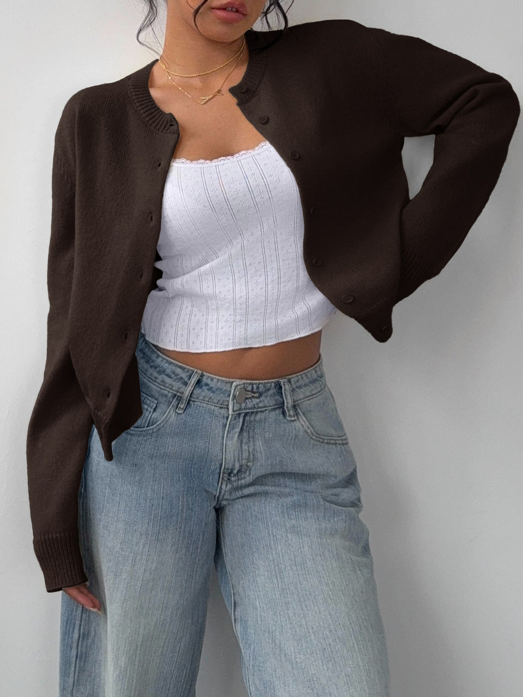 Women's Cropped Dark Brown Cardigan