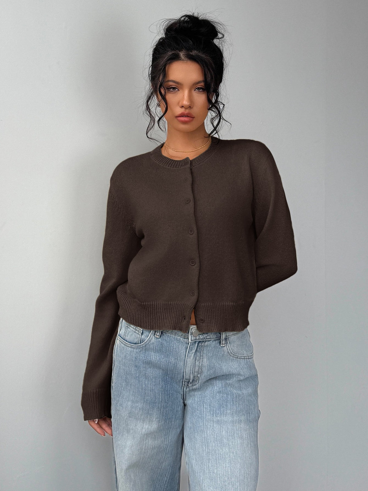 Women's Cropped Dark Brown Cardigan