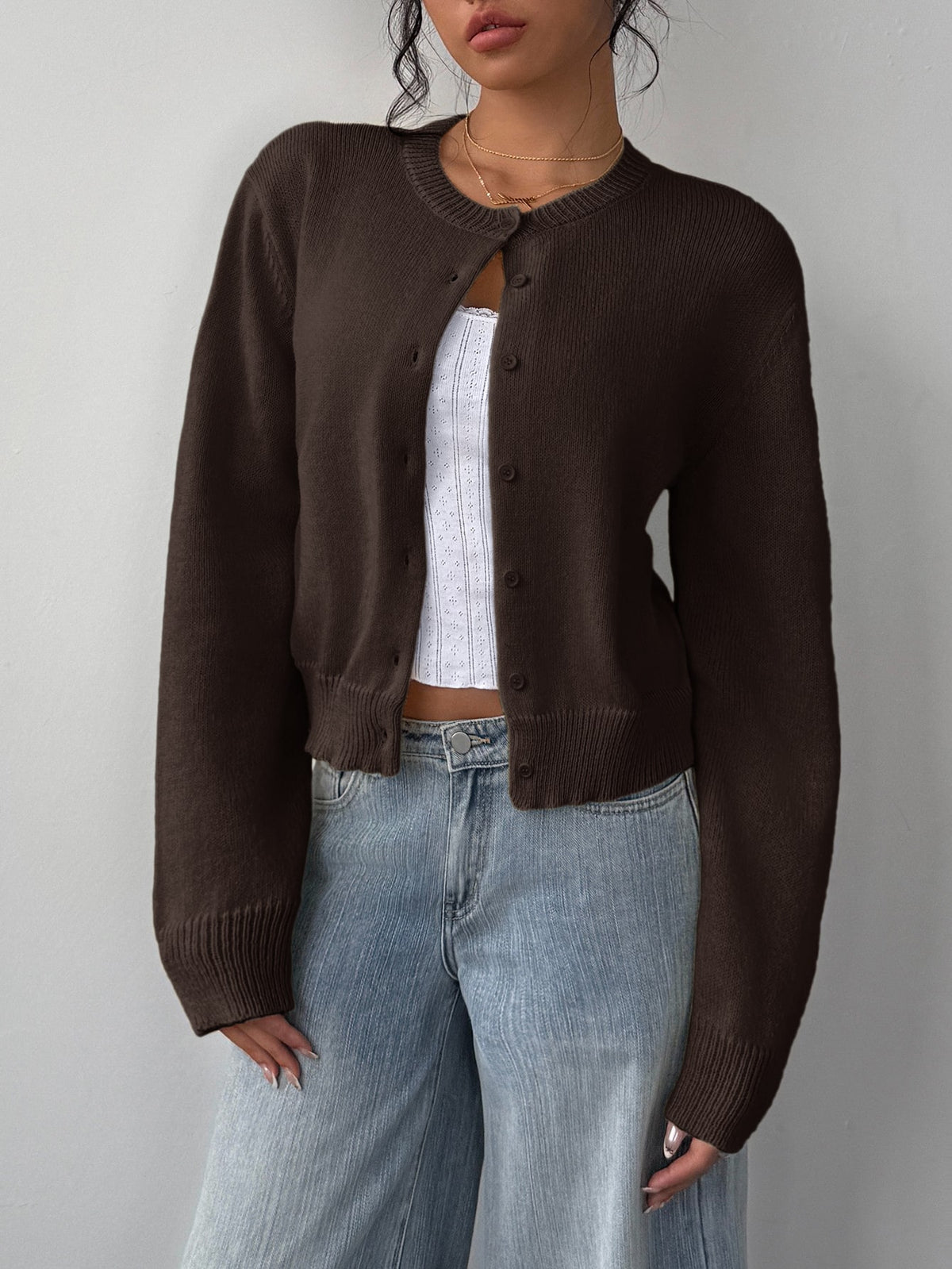 Women's Cropped Dark Brown Cardigan